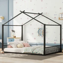 Blackcolors Lit Cabane Enfant 140x200cm Cadre Fer Barre Maison Noir Discount