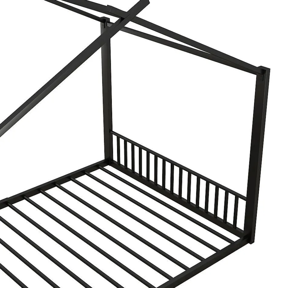 Blackcolors Lit Cabane Enfant 140x200cm Cadre Fer Barre Maison Noir Discount