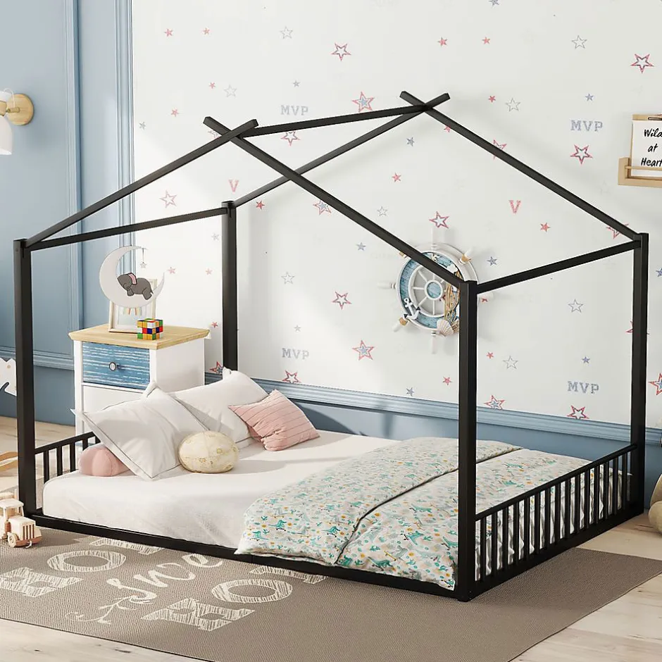 Blackcolors Lit Cabane Enfant 140x200cm Cadre Fer Barre Maison Noir Discount