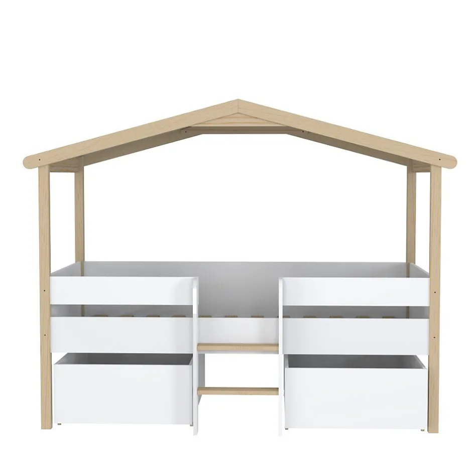 Enfant Bb Loisir Lit cabane hauteur 90x200cm bois massif POLI naturel blanc inclus sommier et 2 tiroirs