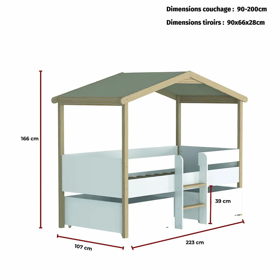 Enfant Bb Loisir Lit cabane hauteur 90x200cm bois massif POLI naturel blanc inclus sommier et 2 tiroirs