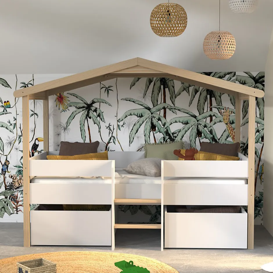 Enfant Bb Loisir Lit cabane hauteur 90x200cm bois massif POLI naturel blanc inclus sommier et 2 tiroirs
