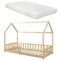 Enfant [En.Casa] Lit cabane Hesel avec matelas à mousse froid 90 x 200 cm naturel en.casa