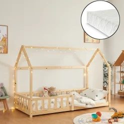 Enfant [En.Casa] Lit cabane Hesel avec matelas à mousse froid 90 x 200 cm naturel en.casa