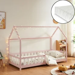 Enfant [En.Casa] Lit cabane Hesel avec matelas à mousse froid 90 x 200 cm rose en.casa