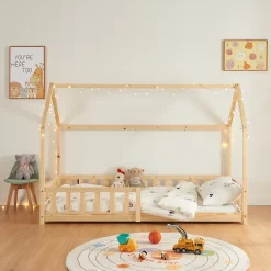 [En.Casa] Lit cabane Hesel pour enfants bois de pin 90 x 200 cm naturel en.casa Discount
