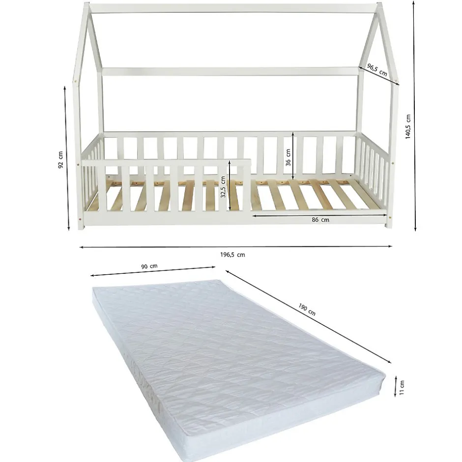 Enfant Weber Industries Lit cabane Kiwi 90x190 avec sommier et matelas /Blanc