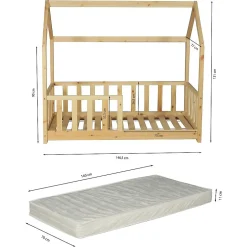 Enfant Weber Industries Lit cabane Kiwi 70x140 avec sommier et matelas /Naturel