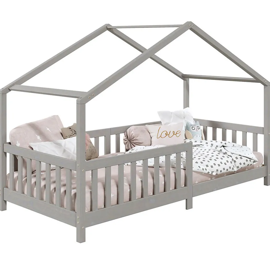 Enfant Idimex Lit cabane LISAN 90 x 190 cm, en pin massif lasuré gris