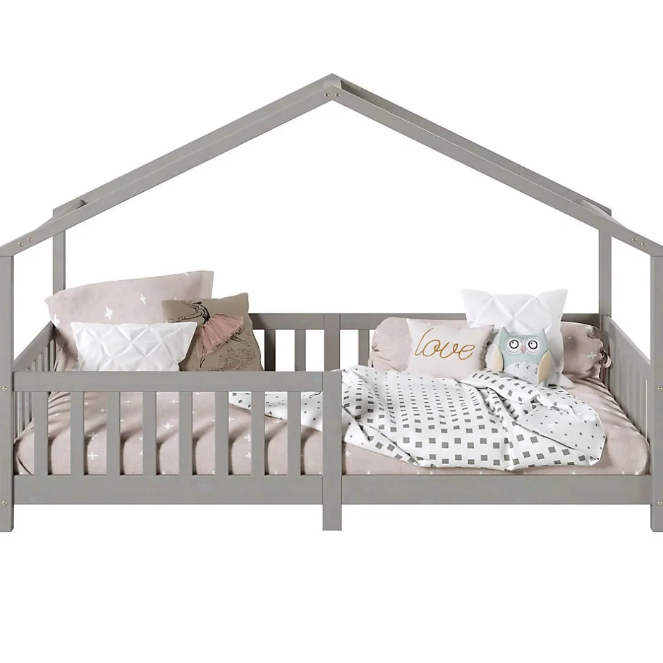Enfant Idimex Lit cabane LISAN 90 x 190 cm, en pin massif lasuré gris