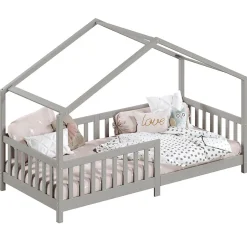 Enfant Idimex Lit cabane LISAN 90 x 190 cm, en pin massif lasuré gris