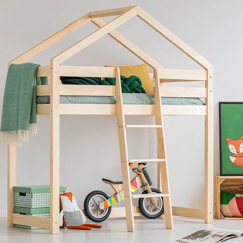 Enfant Petits-Meubles Lit cabane mi-hauteur 90x190 sommier inclus Jeanne Bois