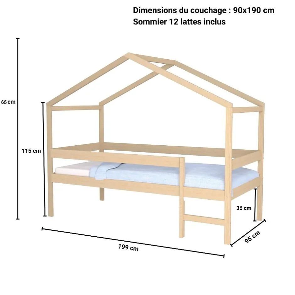 Weber Industries Lit cabane MIKA 90x190 + sommier + matelas IRIS / Naturel