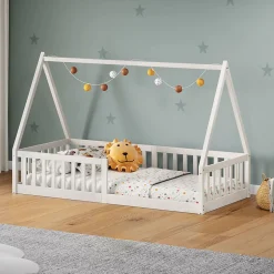 Enfant Idimex Lit cabane NICOLAS 90 x 190 cm, en pin massif laqué blanc