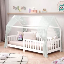 Idimex Lit cabane NINA 90 x 190 cm, en pin massif lasuré blanc Outlet