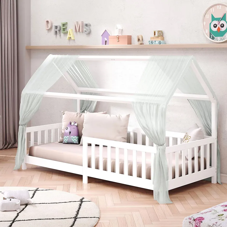 Idimex Lit cabane NINA 90 x 190 cm, en pin massif lasuré blanc Outlet