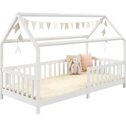 Idimex Lit cabane NINA 90 x 190 cm, en pin massif lasuré blanc Outlet