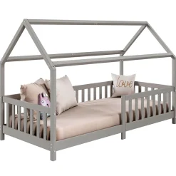 Enfant Idimex Lit cabane NINA 90 x 190 cm, en pin massif lasuré gris