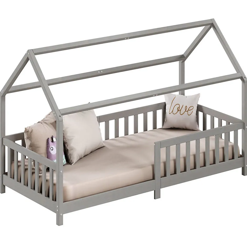 Enfant Idimex Lit cabane NINA 90 x 190 cm, en pin massif lasuré gris