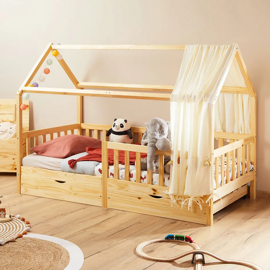 Enfant Idimex Lit cabane NUNA avec tiroirs, 90 x 200 cm en pin massif finition naturelle