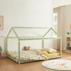 [En.Casa] Lit cabane pour enfant Cerro bois de pin contreplaqué 140 x 200 cm vert menthe en.casa New