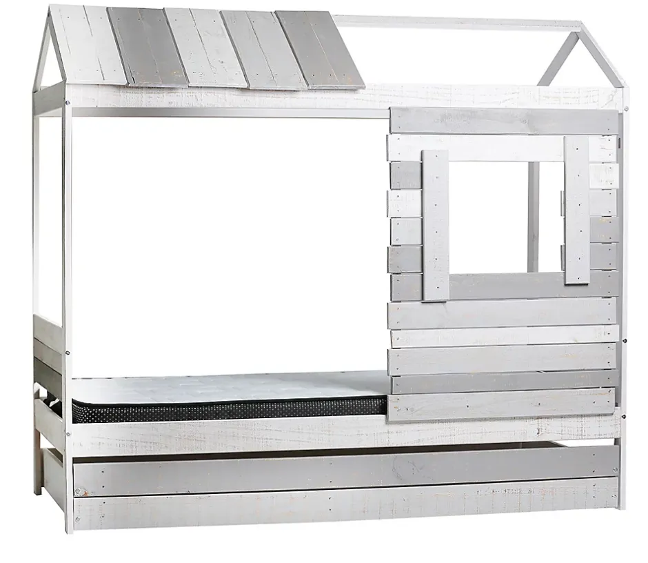 Pegane Lit cabane pour enfant en bois coloris blanc, gris - couchage 90 x 190 cm - Longueur 200 x Profondeur 102 x Hauteur 181 cm New