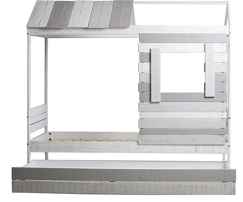Pegane Lit cabane pour enfant en bois coloris blanc, gris - couchage 90 x 190 cm - Longueur 200 x Profondeur 102 x Hauteur 181 cm New