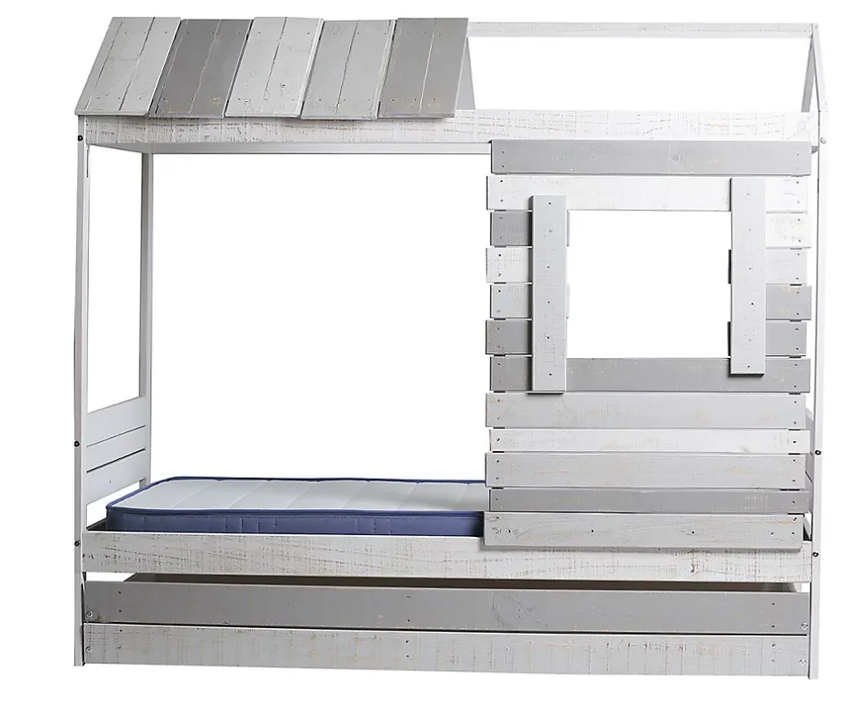 Pegane Lit cabane pour enfant en bois coloris blanc, gris - couchage 90 x 190 cm - Longueur 200 x Profondeur 102 x Hauteur 181 cm New