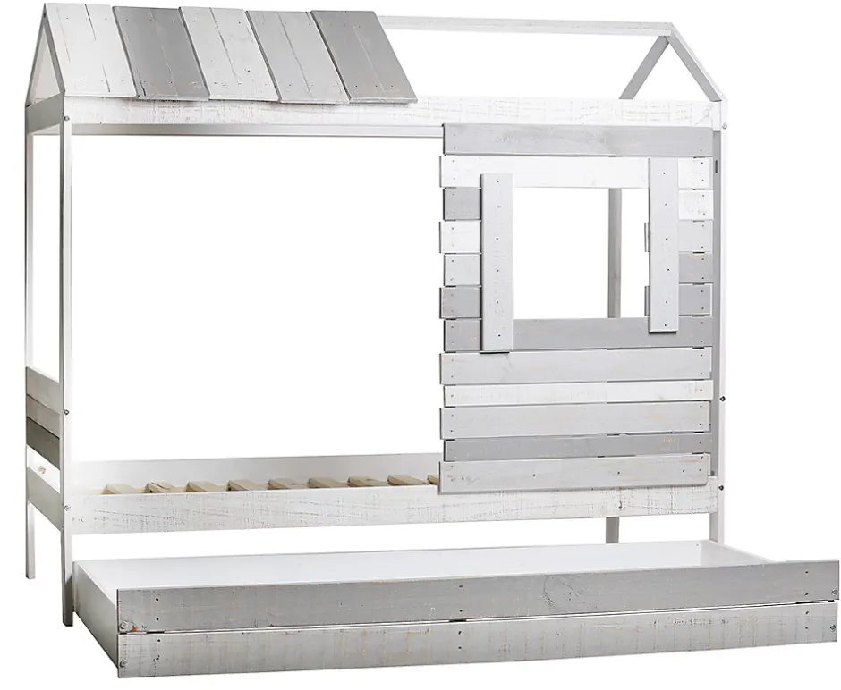 Pegane Lit cabane pour enfant en bois coloris blanc, gris - couchage 90 x 190 cm - Longueur 200 x Profondeur 102 x Hauteur 181 cm New