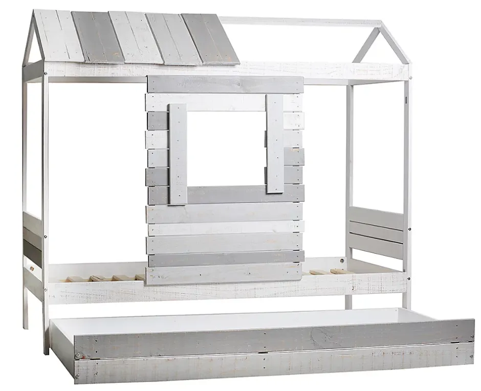 Pegane Lit cabane pour enfant en bois coloris blanc, gris - couchage 90 x 190 cm - Longueur 200 x Profondeur 102 x Hauteur 181 cm New