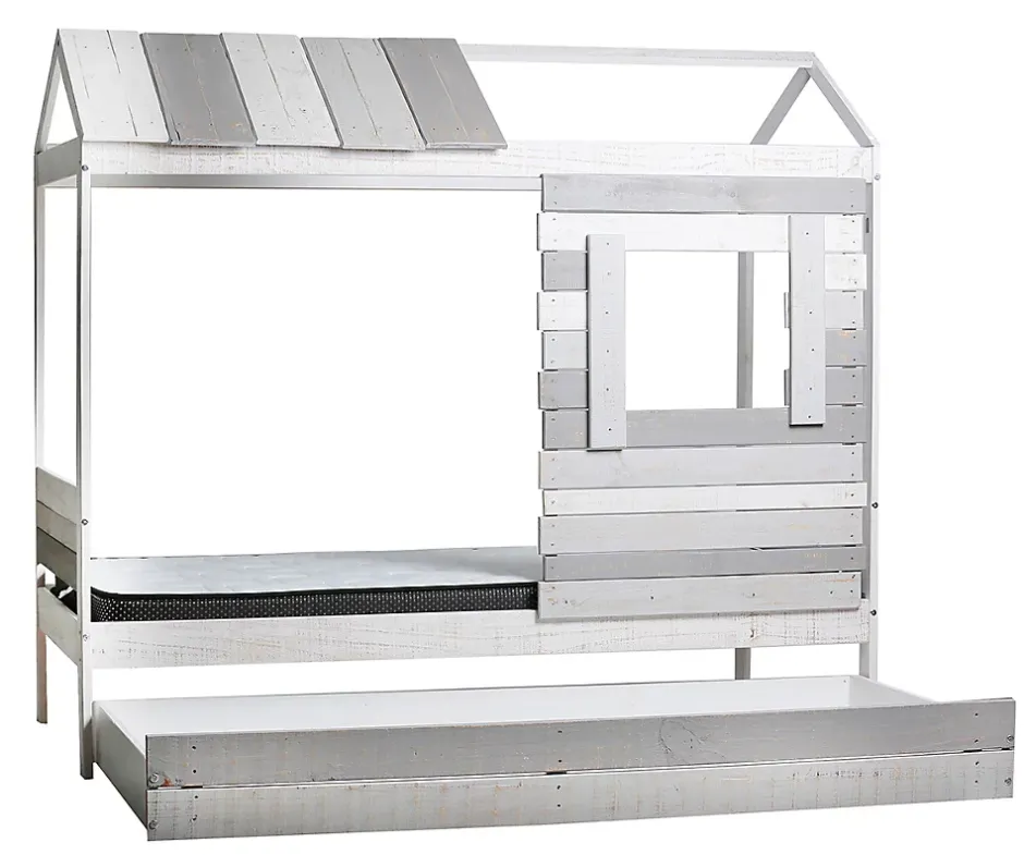 Pegane Lit cabane pour enfant en bois coloris blanc, gris - couchage 90 x 190 cm - Longueur 200 x Profondeur 102 x Hauteur 181 cm New