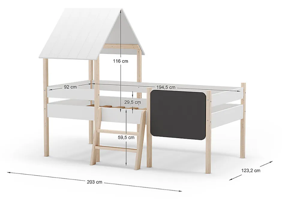 Pegane Lit cabane pour enfant en bois coloris blanc, couchage 90 x 190 cm - Longueur 203 x Profondeur 123 x Hauteur 164 cm
