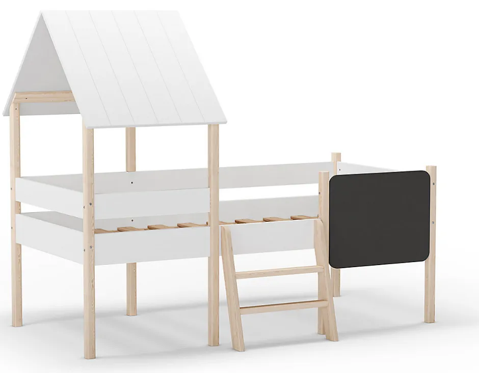 Pegane Lit cabane pour enfant en bois coloris blanc, couchage 90 x 190 cm - Longueur 203 x Profondeur 123 x Hauteur 164 cm
