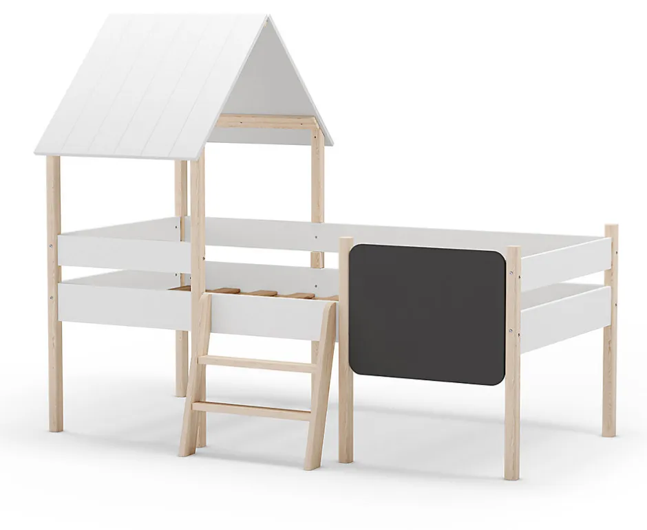 Pegane Lit cabane pour enfant en bois coloris blanc, couchage 90 x 190 cm - Longueur 203 x Profondeur 123 x Hauteur 164 cm