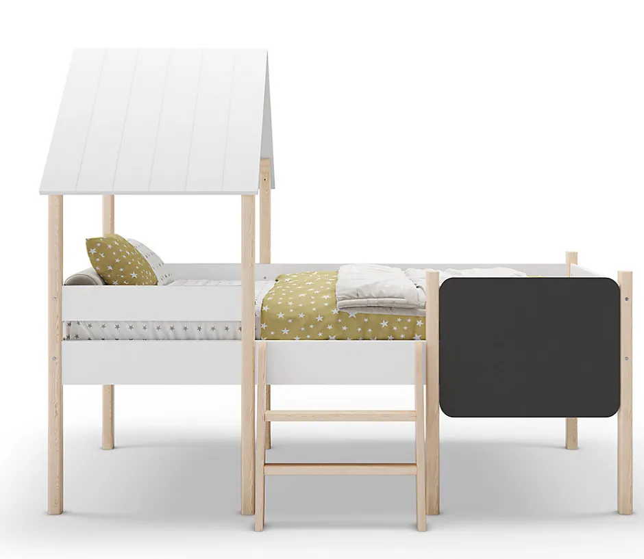 Pegane Lit cabane pour enfant en bois coloris blanc, couchage 90 x 190 cm - Longueur 203 x Profondeur 123 x Hauteur 164 cm