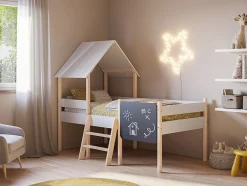 Pegane Lit cabane pour enfant en bois coloris blanc, couchage 90 x 190 cm - Longueur 203 x Profondeur 123 x Hauteur 164 cm