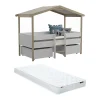Vente-unique Lit cabane SAROSI avec tiroirs - 90 x 190 cm - Tilleul - Blanc et chêne + matelas Hot
