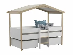 Vente-unique Lit cabane SAROSI avec tiroirs - 90 x 190 cm - Tilleul - Blanc et chêne + matelas Hot