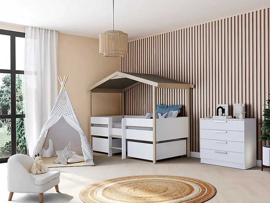 Vente-unique Lit cabane SAROSI avec tiroirs - 90 x 190 cm - Tilleul - Blanc et chêne + matelas Hot