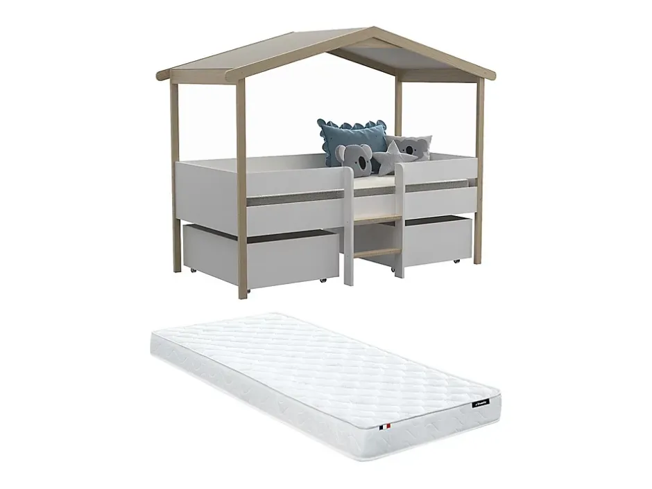 Vente-unique Lit cabane SAROSI avec tiroirs - 90 x 190 cm - Tilleul - Blanc et chêne + matelas Hot