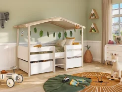 Vente-unique Lit cabane SAROSI avec tiroirs - 90 x 190 cm - Tilleul - Blanc et chêne + matelas Hot