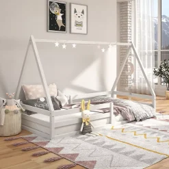 Idimex Lit cabane SILA 90 x 190 cm, en pin massif blanc Best