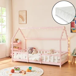 Enfant [En.Casa] Lit cabane Sisimiut avec matelas 90 x 200 cm rose / blanc en.casa