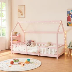 Enfant [En.Casa] Lit cabane Sisimiut avec matelas 90 x 200 cm rose / blanc en.casa