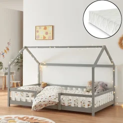 [En.Casa] Lit cabane Sisimiut avec matelas 120 x 200 cm gris clair / blanc en.casa Discount