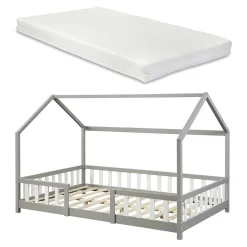 [En.Casa] Lit cabane Sisimiut avec matelas 120 x 200 cm gris clair / blanc en.casa Discount