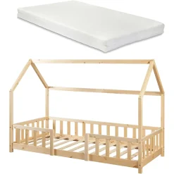 [En.Casa] Lit cabane Sisimiut avec matelas 90 x 200 cm naturel en.casa
