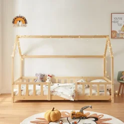 [En.Casa] Lit cabane Sisimiut avec matelas 90 x 200 cm naturel en.casa
