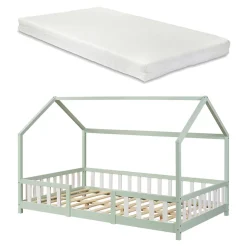 [En.Casa] Lit cabane Sisimiut avec matelas 140 x 200 cm vert menthe / blanc en.casa Clearance