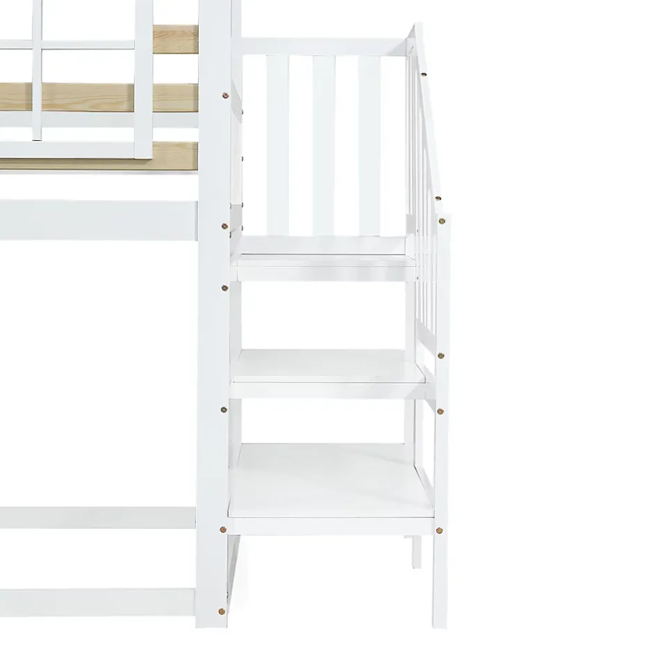 Simple Life Lit cabane superposé avec toboggan, escalier, fenêtres, garde-corps, bois massif, blanc